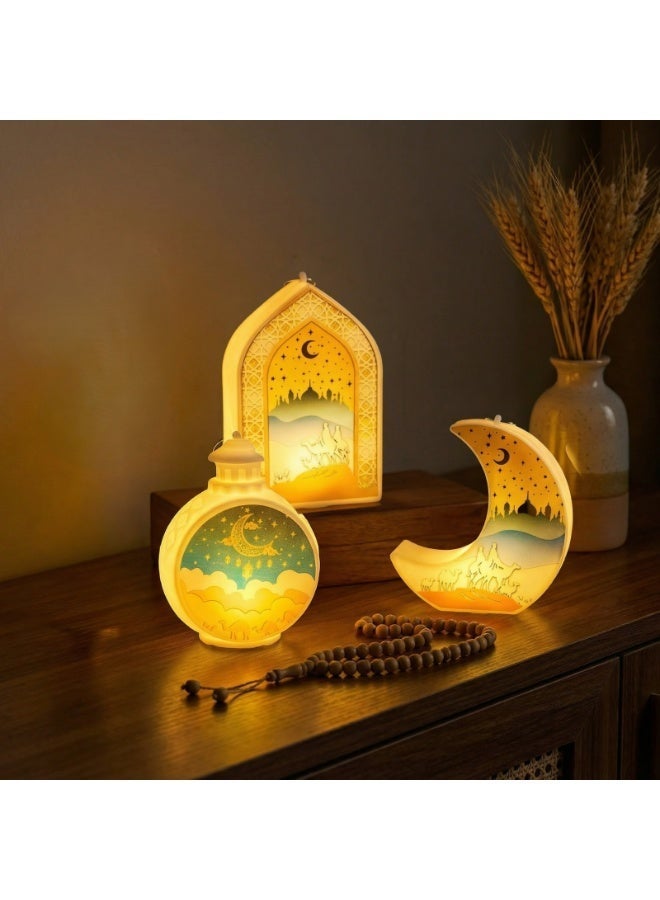 طقم فوانيس رمضان ليد 3 قطع – يشمل شكل الهلال، الأرك الإسلامي، والكرة الدائري – إضاءة ديكور للمنزل والتعليق (12 × 8 سم) - Image 1